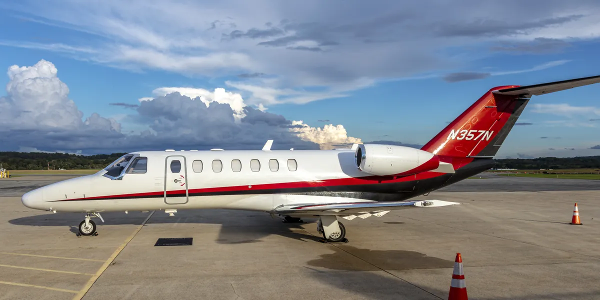 Cessna Citation business jet parked on the apron at Frederick Municipal Airport, Maryland