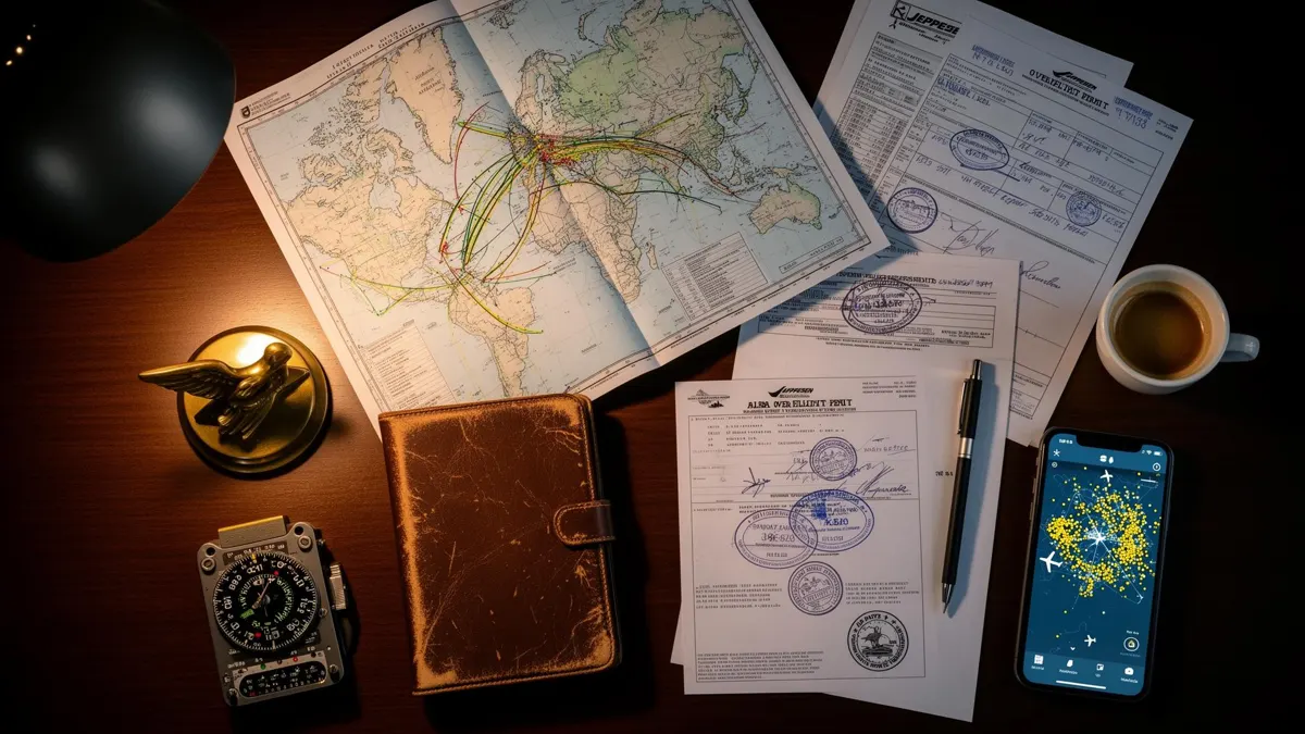 Aeronautical chart, permit documents and stamps laid out on a desk