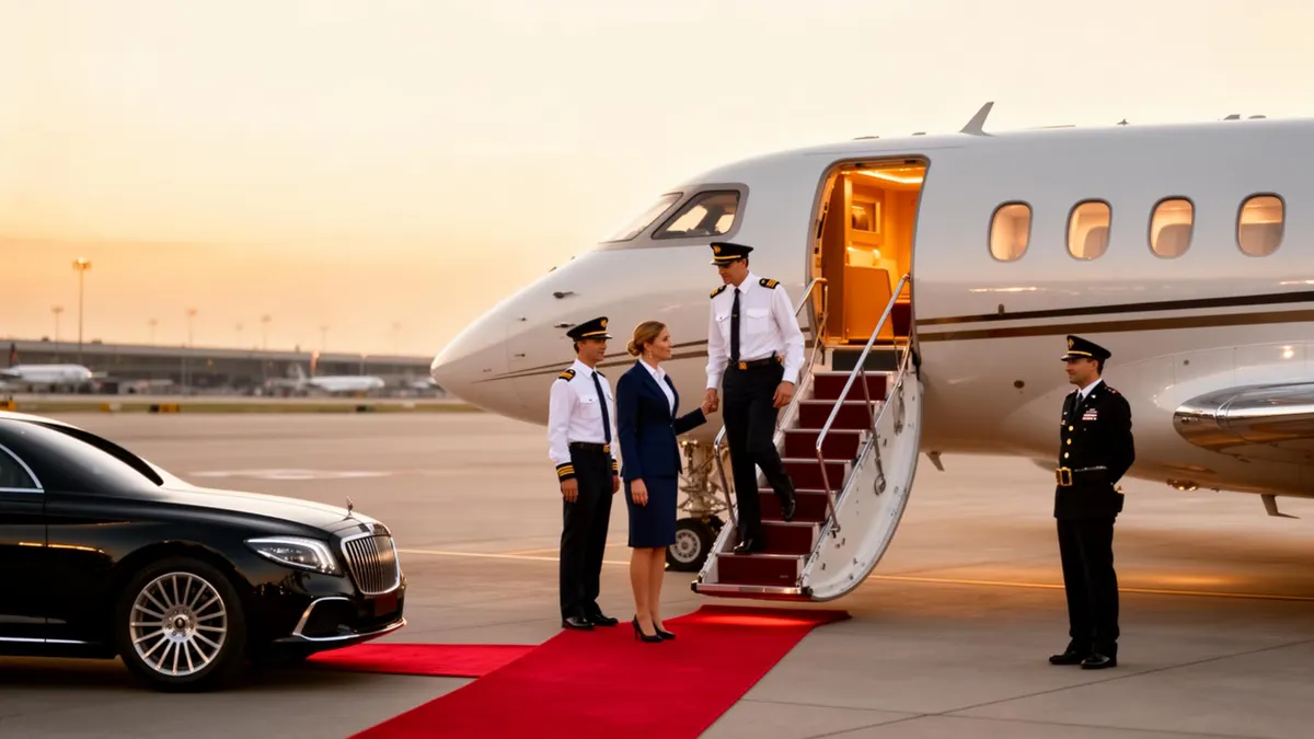 Business jet being pushed back on an apron before a long-range flight