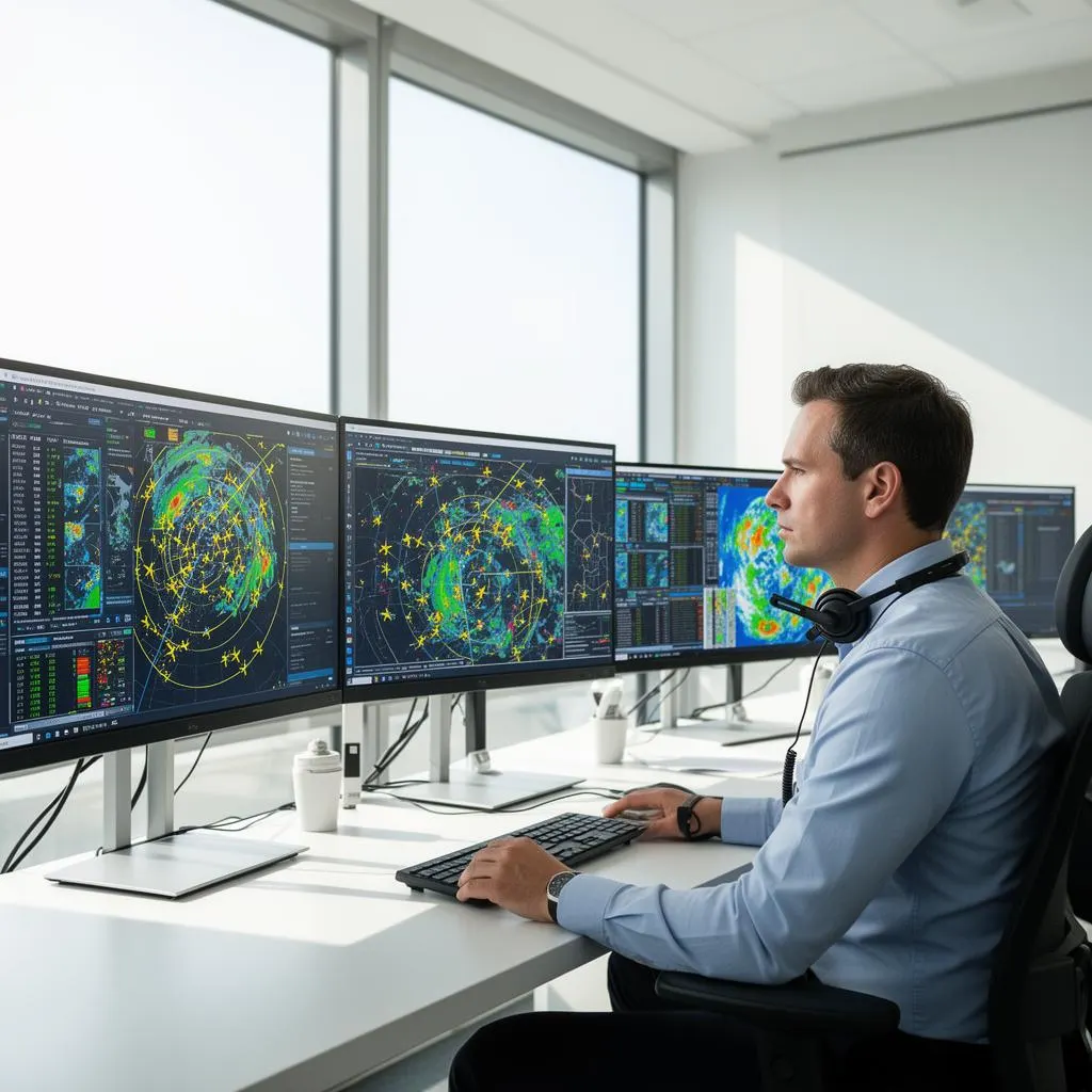 Flight planning workstation with route maps and weather displays on several screens