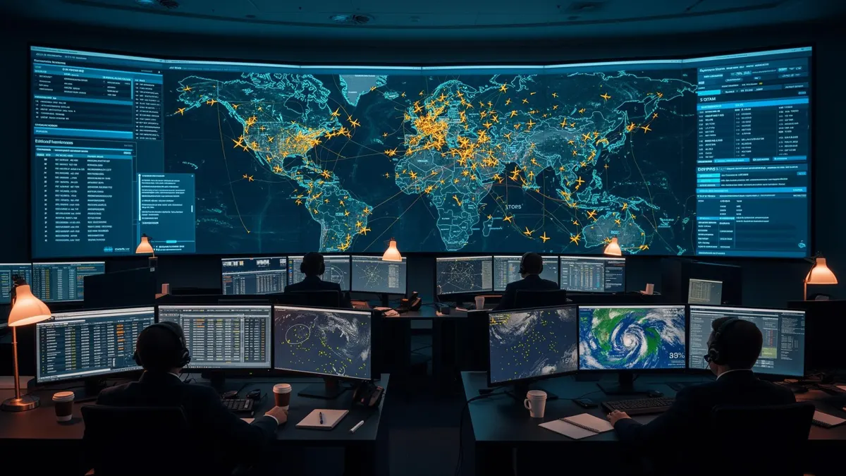 Flight dispatchers monitoring weather and traffic on screens in an operations centre