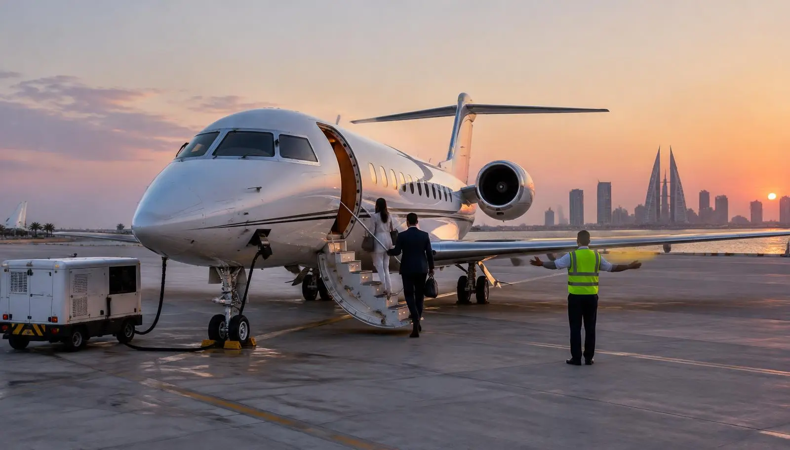 Passengers boarding a private jet on the Bahrain International Airport apron at dusk, ground power unit connected and marshaller on the ramp