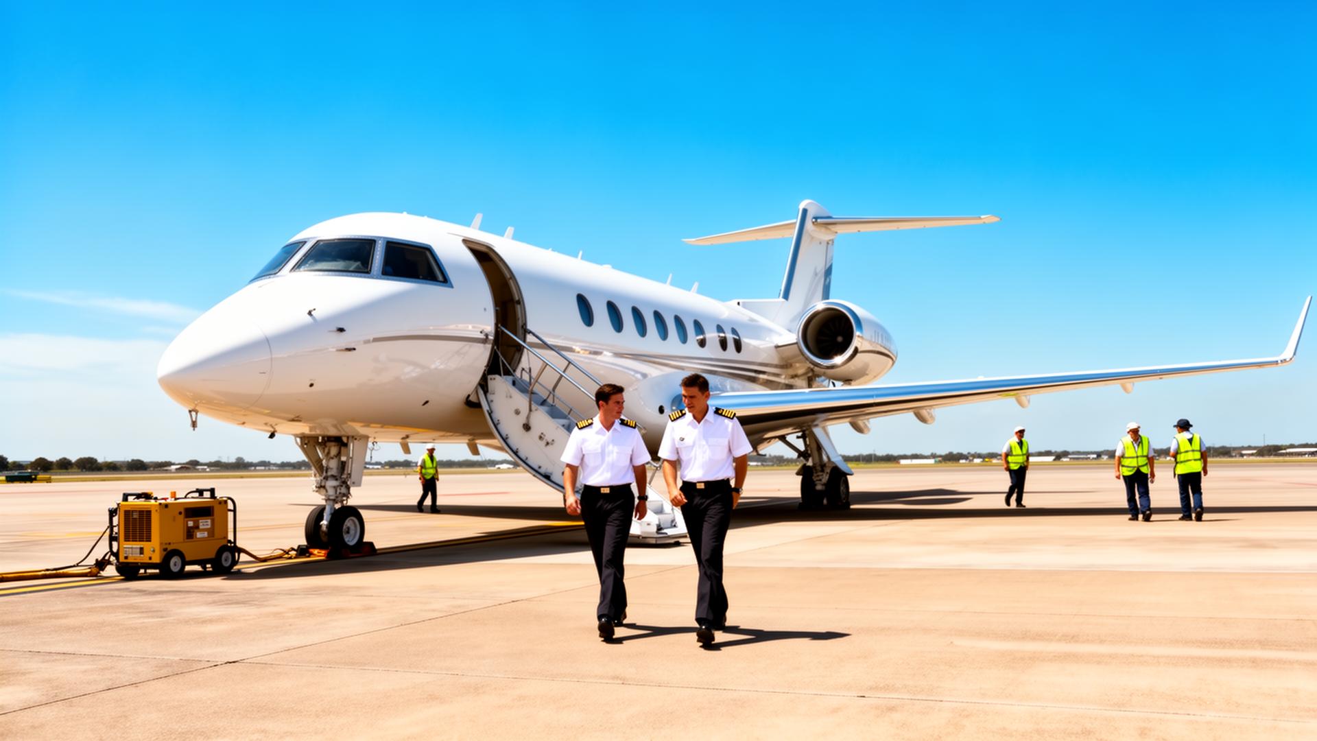 Two pilots walking away from a business jet on the ramp