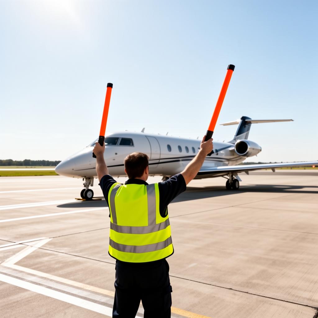 Ramp marshaller signalling to a business jet on the apron