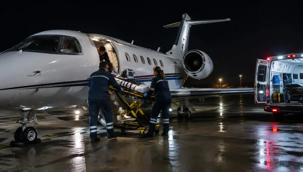 Illustrative medical-flight scene with a stretcher, aircraft and road ambulance; LFS provides trip coordination, not aircraft or clinical care