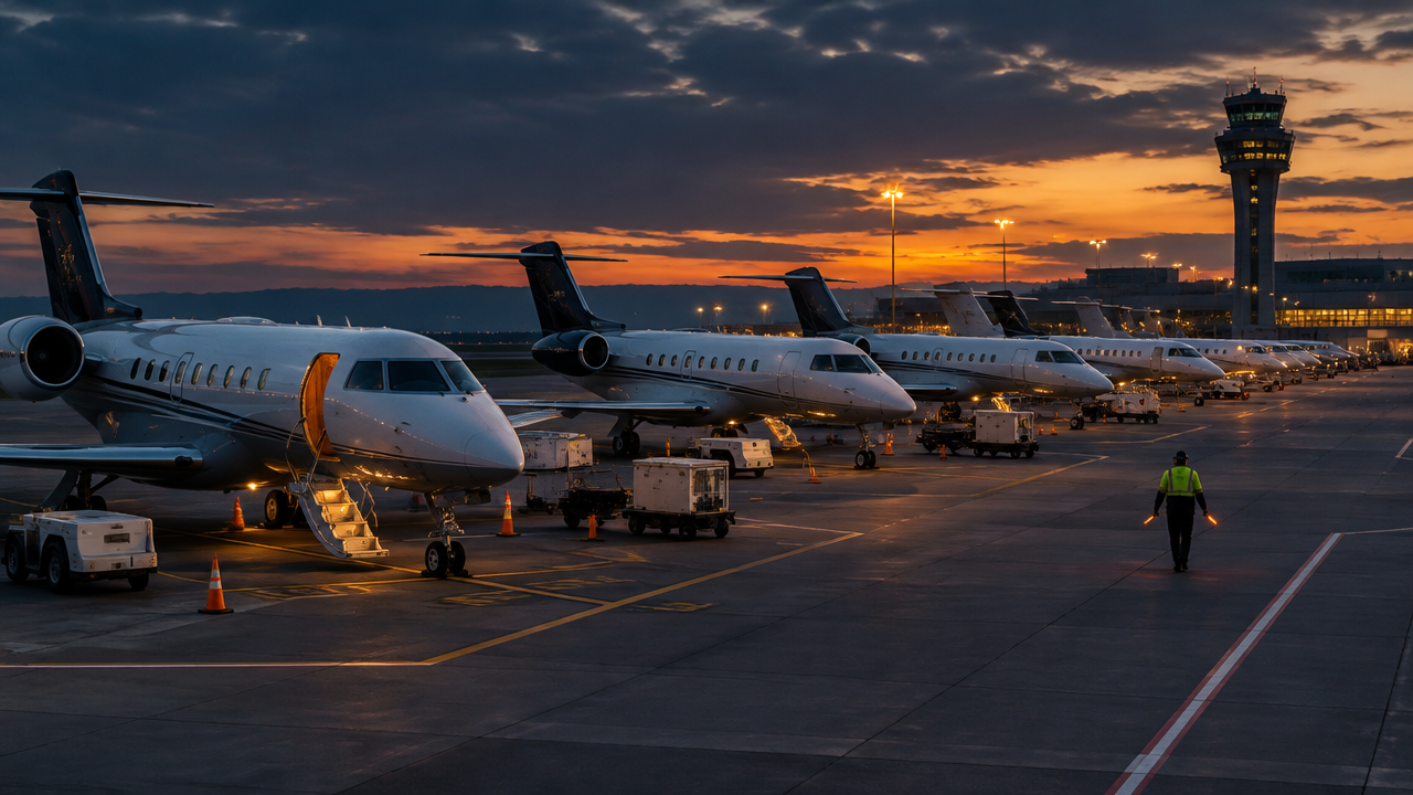 Business jets parked on organised apron stands at dusk with a marshaller walking the line