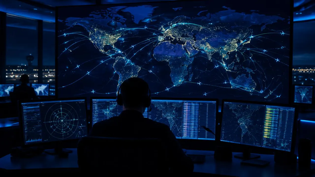 Operations desk with a large world flight-tracking map and monitoring screens at night