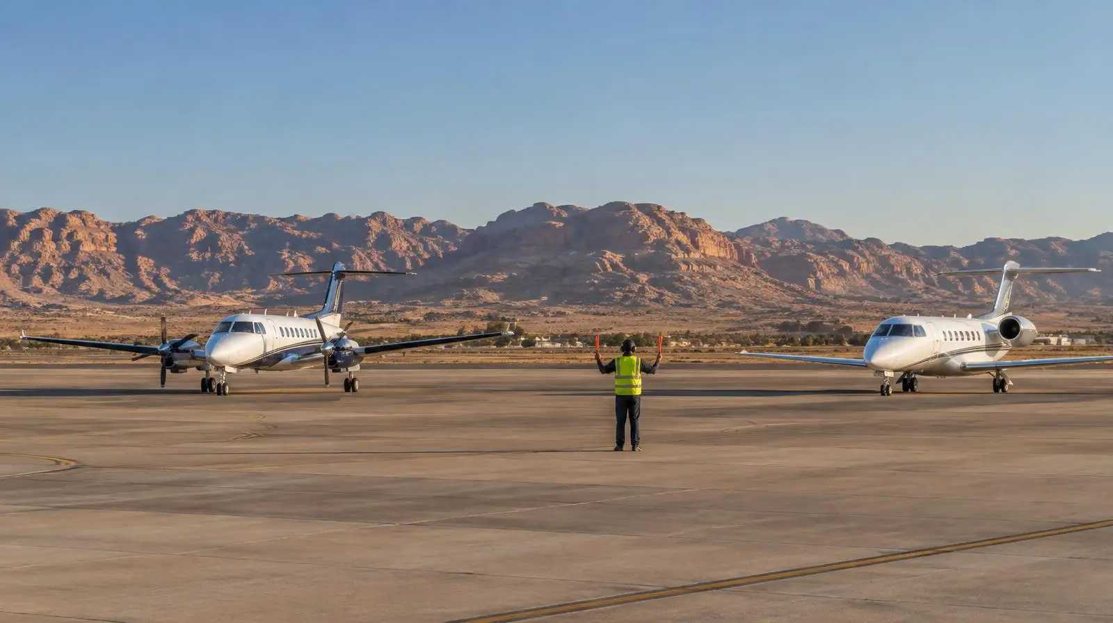 Marshaller guiding a turboprop and a business jet on an apron in Jordan with desert mountains behind