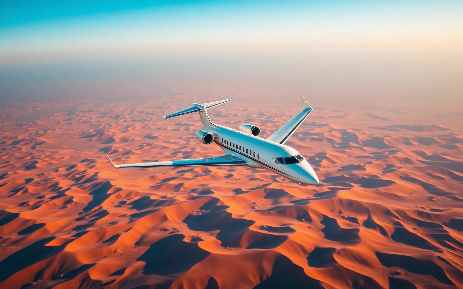 Modern business jet flying over Saudi Arabia